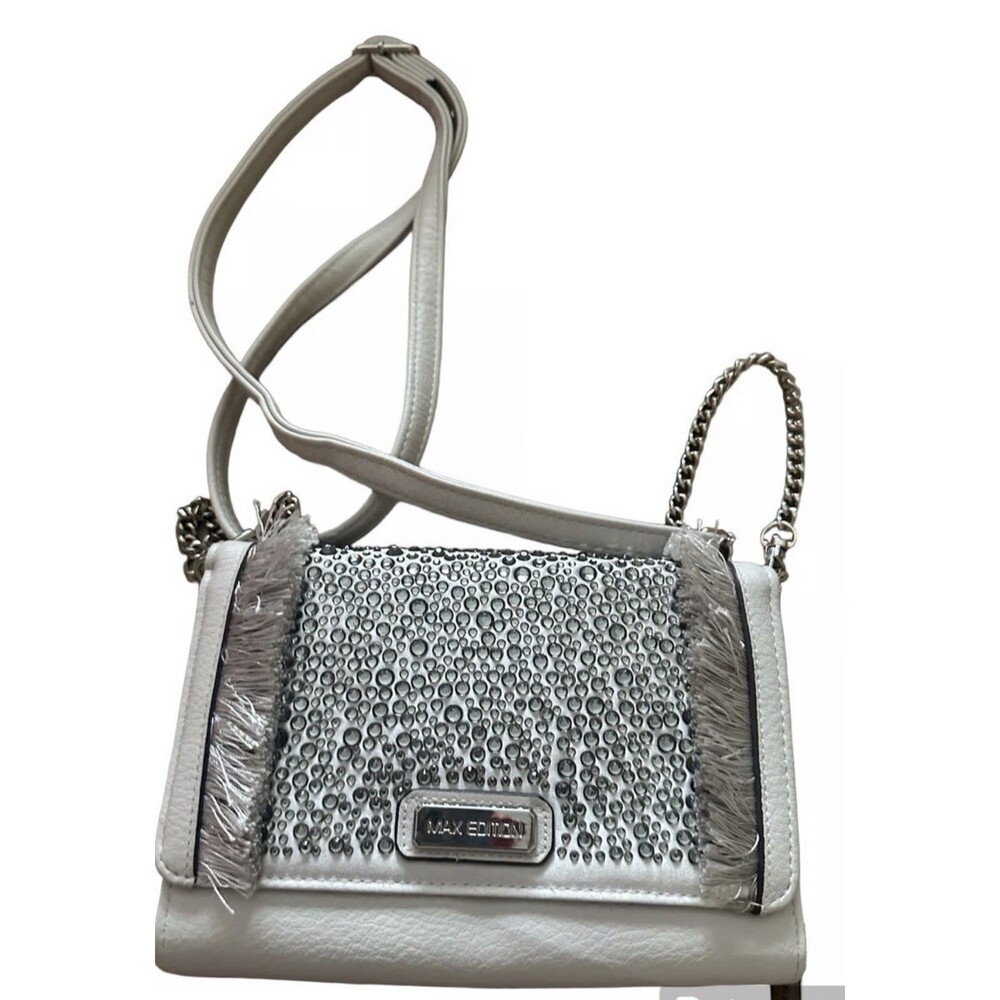 MAX EDITION White/Silver Studded Fringe Crossbody Wallet, Snap, Detach Chain